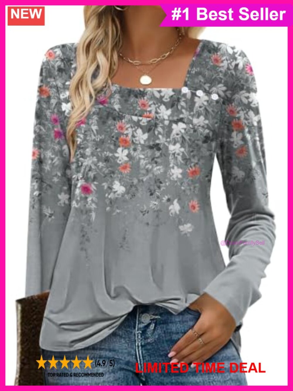 Women's Square Neck Tunic Top Long Sleeve Decorative Buttons Loose Fit